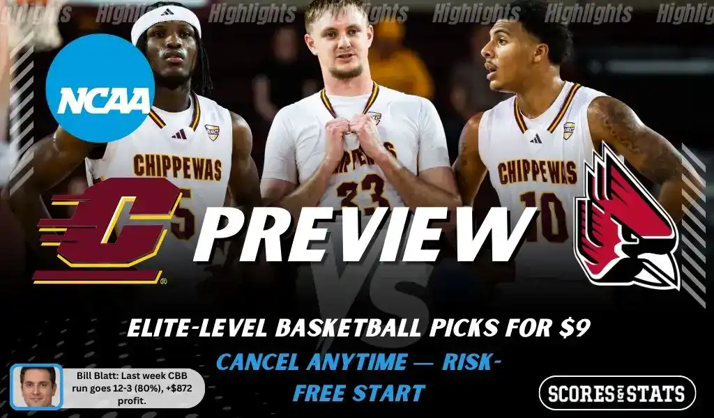 NCAAB preview graphic for Central Michigan Chippewas vs Ball State Cardinals with both team logos, a matchup-themed background image, and the ScoresAndStats logo.