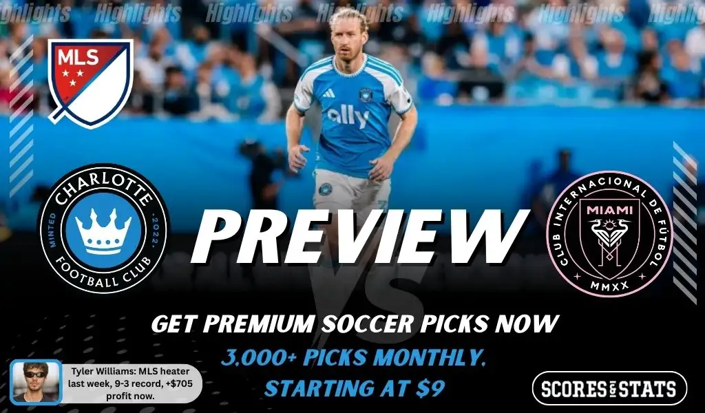 Charlotte FC vs Inter Miami CF preview image with both team logos, a relevant soccer background, and the ScoresAndStats logo.