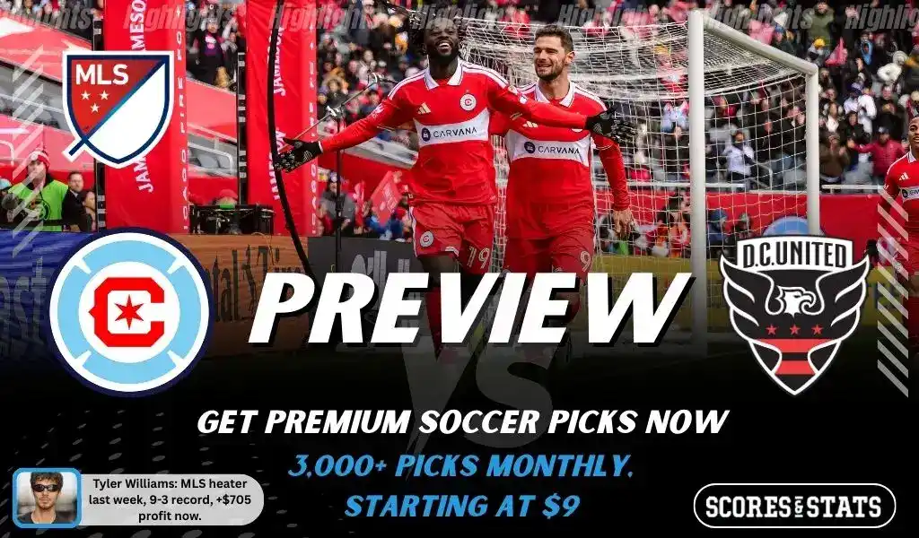Chicago Fire FC vs DC United preview image with both team logos, a relevant soccer background, and the ScoresAndStats logo.