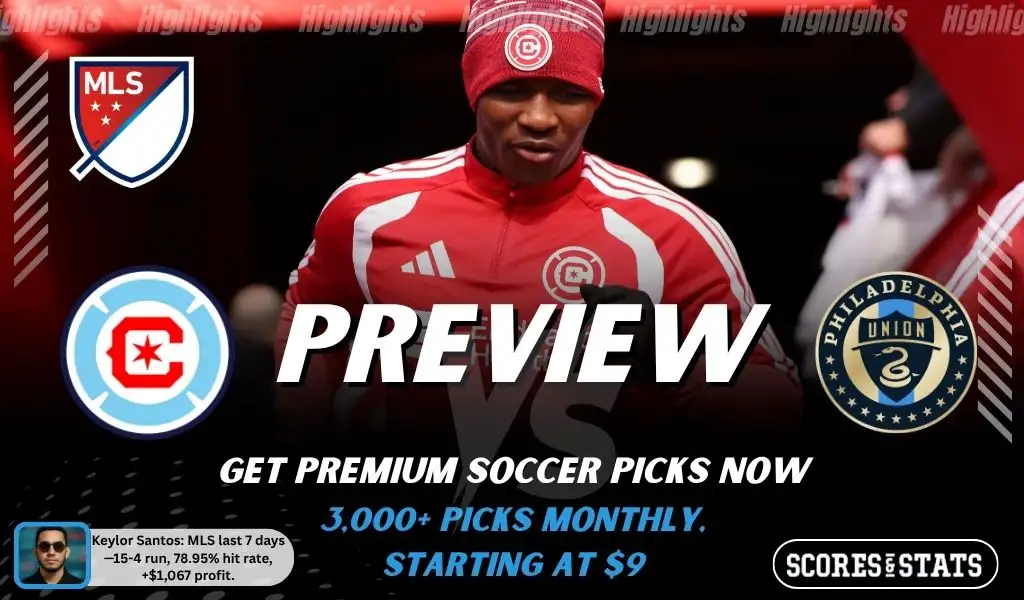 Chicago Fire vs Philadelphia Union preview image with both team logos, a relevant soccer background, and the ScoresAndStats logo.