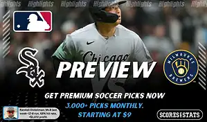 Chicago White Sox vs Milwaukee Brewers preview image with both team logos, a relevant baseball background, and the ScoresAndStats logo.