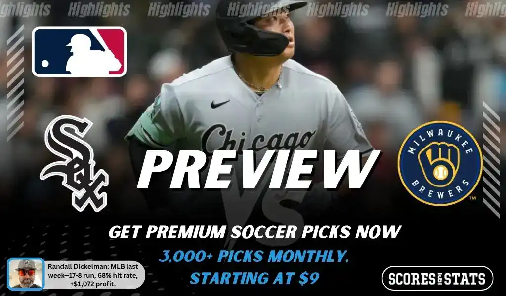 Chicago White Sox vs Milwaukee Brewers preview image with both team logos, a relevant baseball background, and the ScoresAndStats logo.