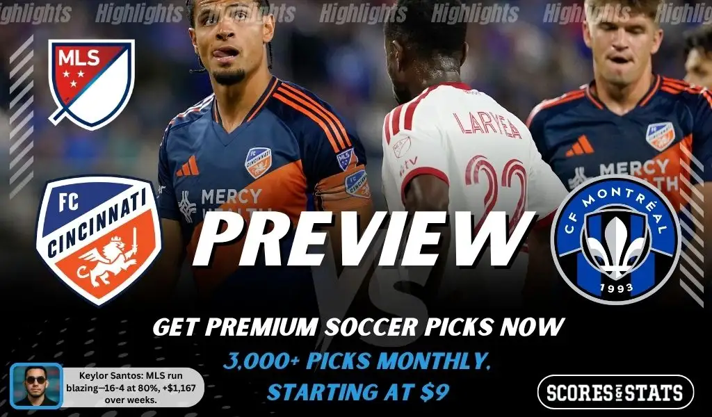 FC Cincinnati vs CF Montréal preview image with both team logos, a relevant soccer background, and the ScoresAndStats logo.