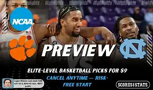 NCAAB preview graphic for Clemson Tigers vs North Carolina Tar Heels with both team logos, a matchup-themed background image, and the ScoresAndStats logo.