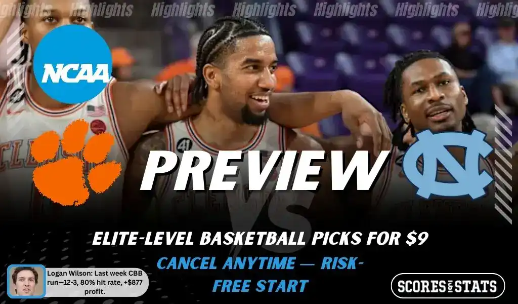 NCAAB preview graphic for Clemson Tigers vs North Carolina Tar Heels with both team logos, a matchup-themed background image, and the ScoresAndStats logo.