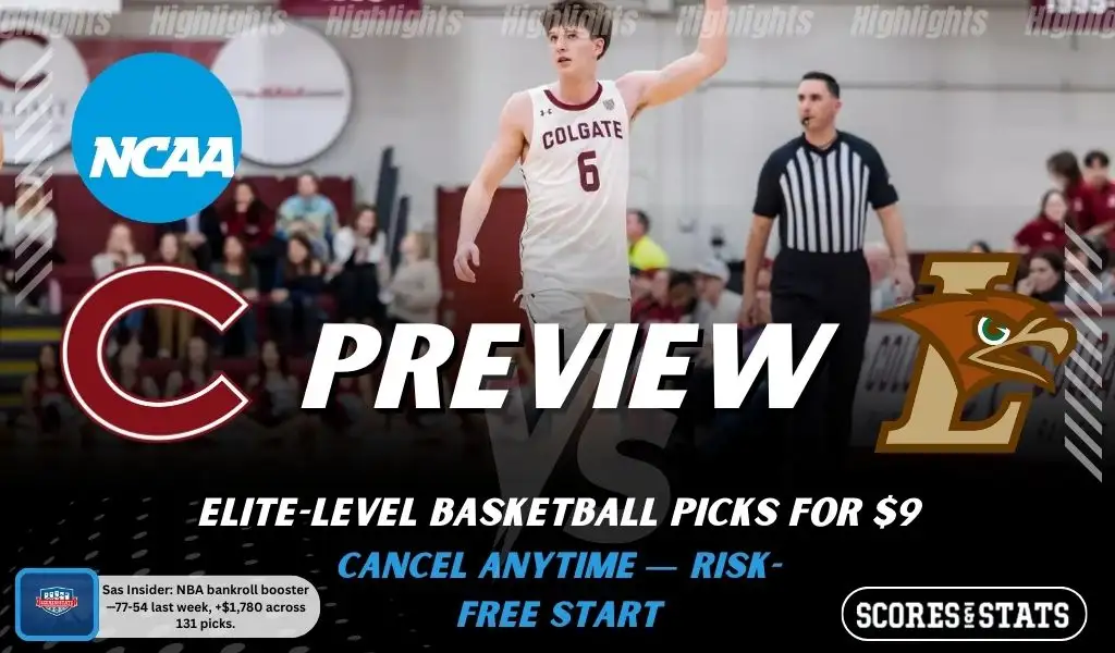 NCAAB preview graphic for Colgate Raiders vs Lehigh Mountain Hawks featuring both team logos, a matchup-themed background image, and the ScoresAndStats logo.