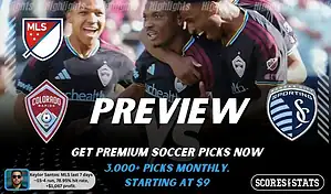 Colorado Rapids vs Sporting Kansas City preview image with both team logos, a relevant soccer background, and the ScoresAndStats logo.
