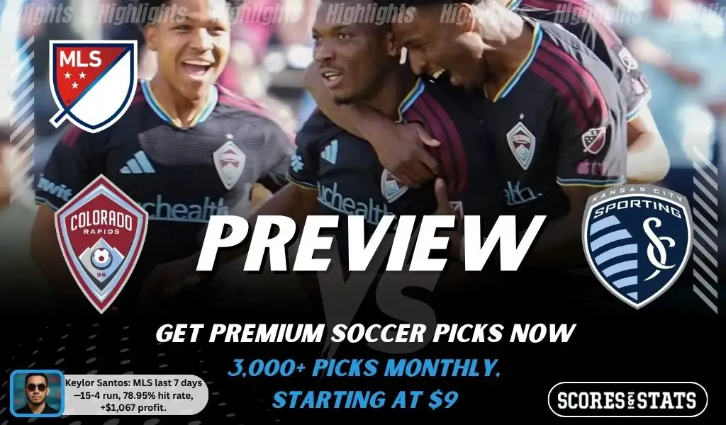 Colorado Rapids vs Sporting Kansas City preview image with both team logos, a relevant soccer background, and the ScoresAndStats logo.
