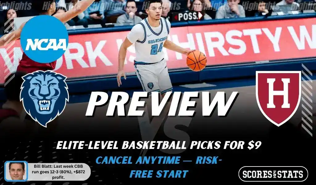 NCAAB preview graphic for Columbia Lions vs Harvard Crimson with both team logos, a matchup-themed background image, and the ScoresAndStats logo.