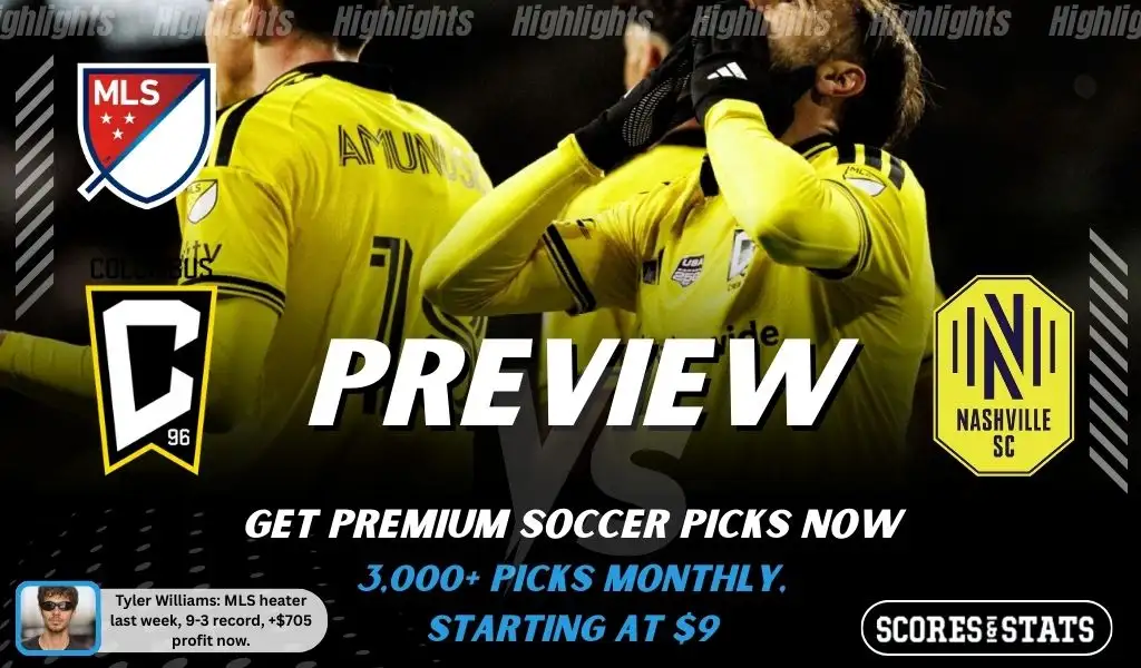 Columbus Crew vs Nashville SC preview image with both team logos, a relevant soccer background, and the ScoresAndStats logo.