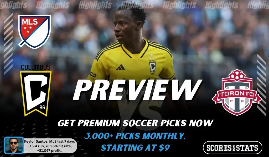 Columbus Crew vs Toronto FC preview image with both team logos, a relevant soccer background, and the ScoresAndStats logo.