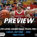 Cornell Big Red vs Yale Bulldogs NCAAB preview image with both team logos, a relevant basketball background, and the ScoresAndStats logo.