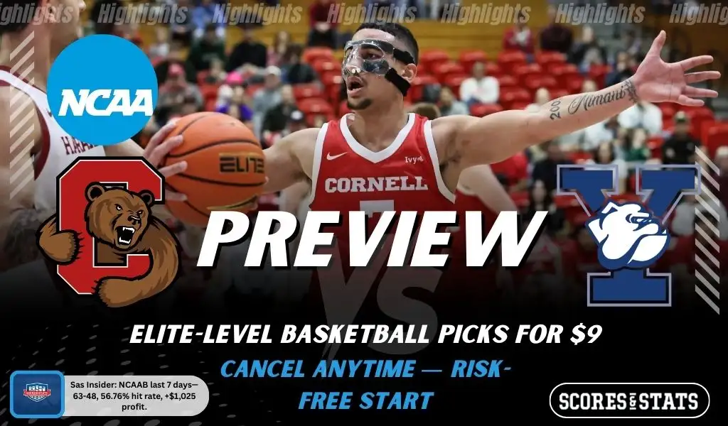 Cornell Big Red vs Yale Bulldogs NCAAB preview image with both team logos, a relevant basketball background, and the ScoresAndStats logo.