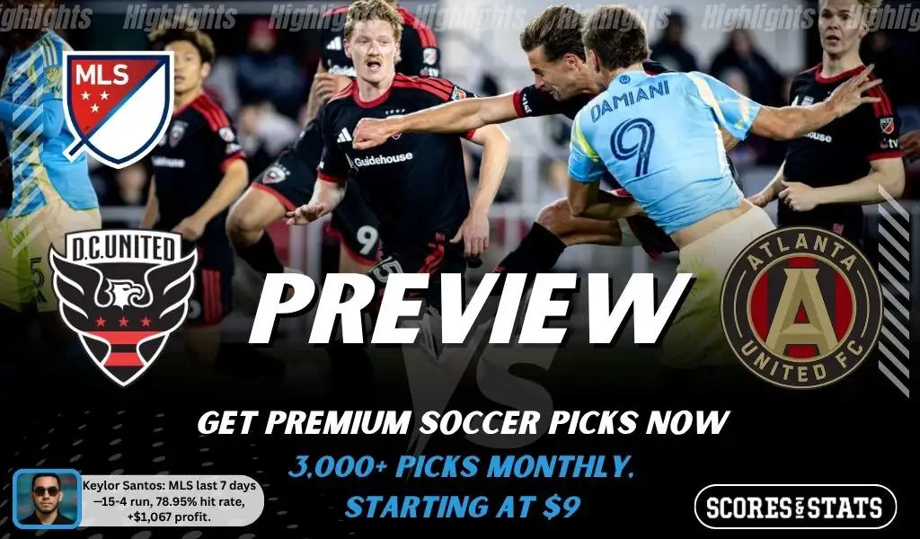 DC United vs Atlanta United preview image with both team logos, a relevant soccer background, and the ScoresAndStats logo.