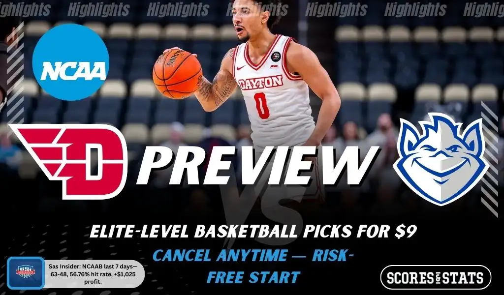 Dayton Flyers vs Saint Louis Billikens NCAAB preview image with both team logos, a relevant basketball background, and the ScoresAndStats logo.