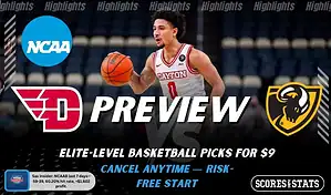 Dayton Flyers vs VCU Rams NCAAB preview image with both team logos, a relevant basketball background, and the ScoresAndStats logo.