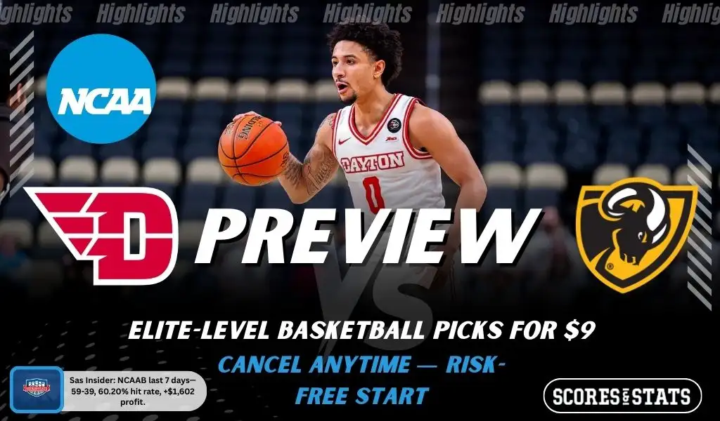 Dayton Flyers vs VCU Rams NCAAB preview image with both team logos, a relevant basketball background, and the ScoresAndStats logo.