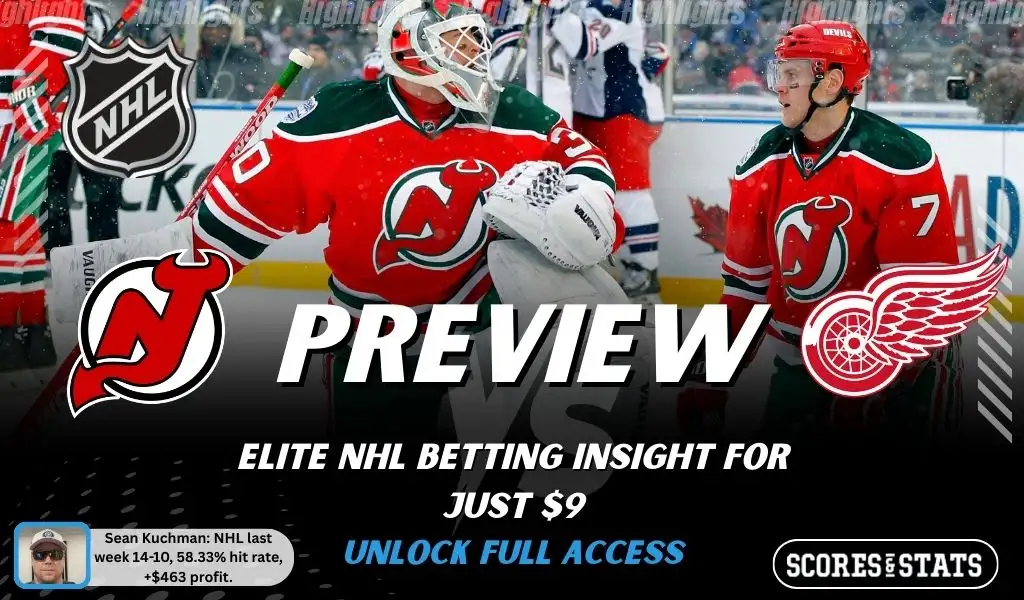 NHL preview graphic for New Jersey Devils vs Detroit Red Wings featuring both team logos, a matchup-themed background image, and the ScoresAndStats logo.
