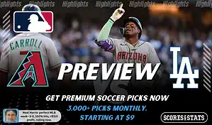 Arizona Diamondbacks vs Los Angeles Dodgers preview image with both team logos, a relevant baseball background, and the ScoresAndStats logo.