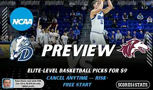 NCAAB preview graphic for Drake Bulldogs vs Southern Illinois Salukis with both team logos, a matchup-themed background image, and the ScoresAndStats logo.
