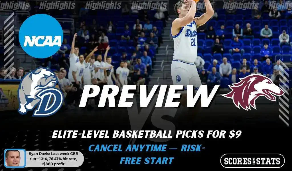 NCAAB preview graphic for Drake Bulldogs vs Southern Illinois Salukis with both team logos, a matchup-themed background image, and the ScoresAndStats logo.