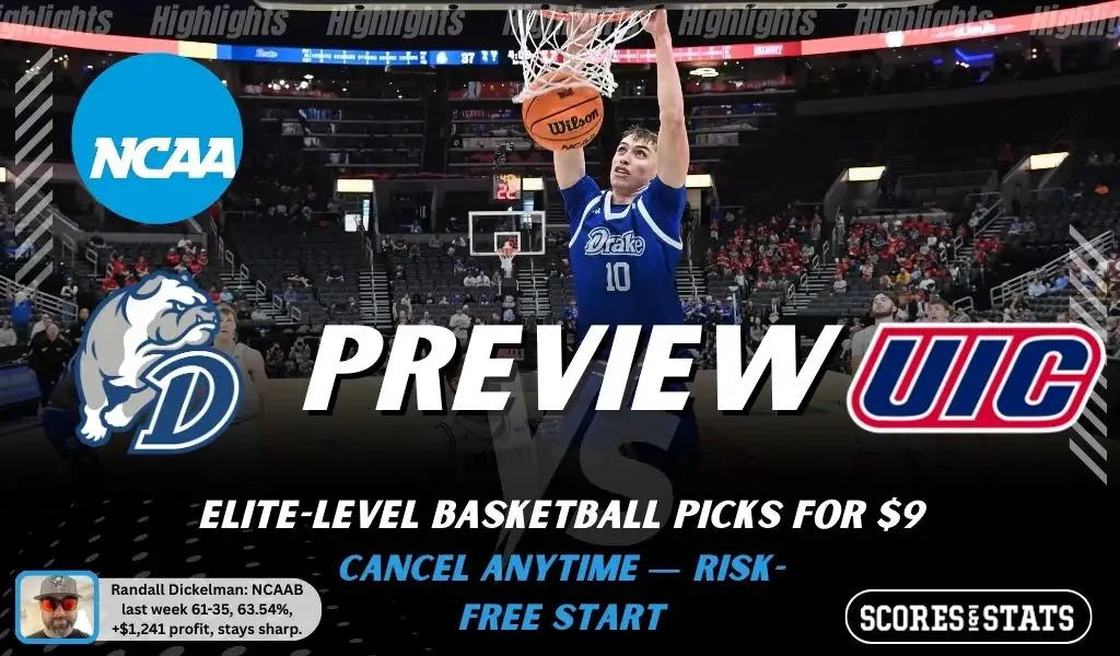 NCAAB preview graphic for Drake Bulldogs vs UIC Flames featuring both team logos, a matchup-themed background image, and the ScoresAndStats logo.