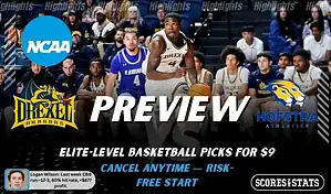 NCAAB preview graphic for Drexel Dragons vs Hofstra Pride with both team logos, a matchup-themed background image, and the ScoresAndStats logo.