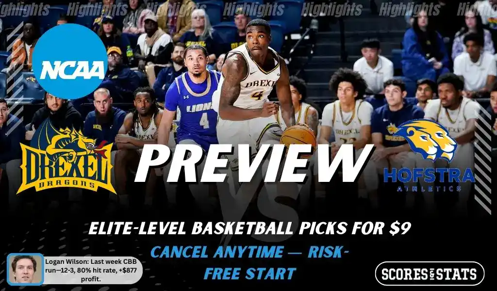 NCAAB preview graphic for Drexel Dragons vs Hofstra Pride with both team logos, a matchup-themed background image, and the ScoresAndStats logo.