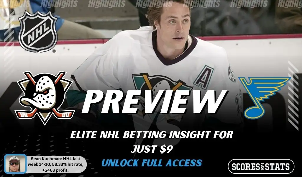 NHL preview graphic for Anaheim Ducks vs St. Louis Blues featuring both team logos, a matchup-themed background image, and the ScoresAndStats logo.