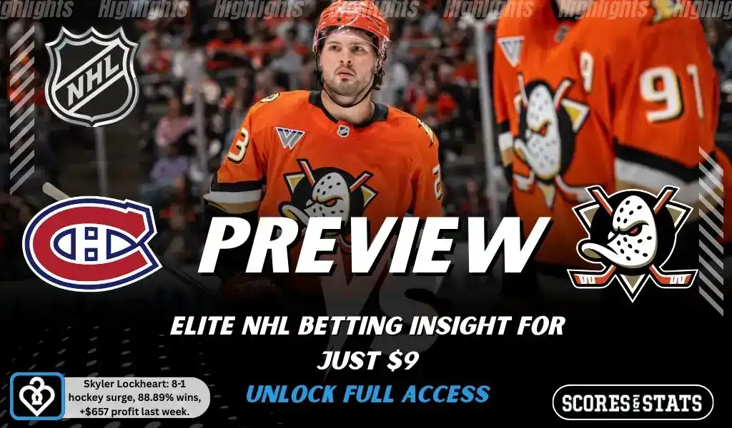 NHL preview graphic for Anaheim Ducks vs Montréal Canadiens with both team logos, a matchup-themed hockey background image, and the ScoresAndStats logo.