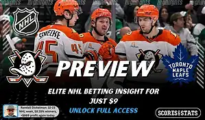 Anaheim Ducks vs Toronto Maple Leafs preview image with both team logos, a relevant hockey background, and the ScoresAndStats logo.