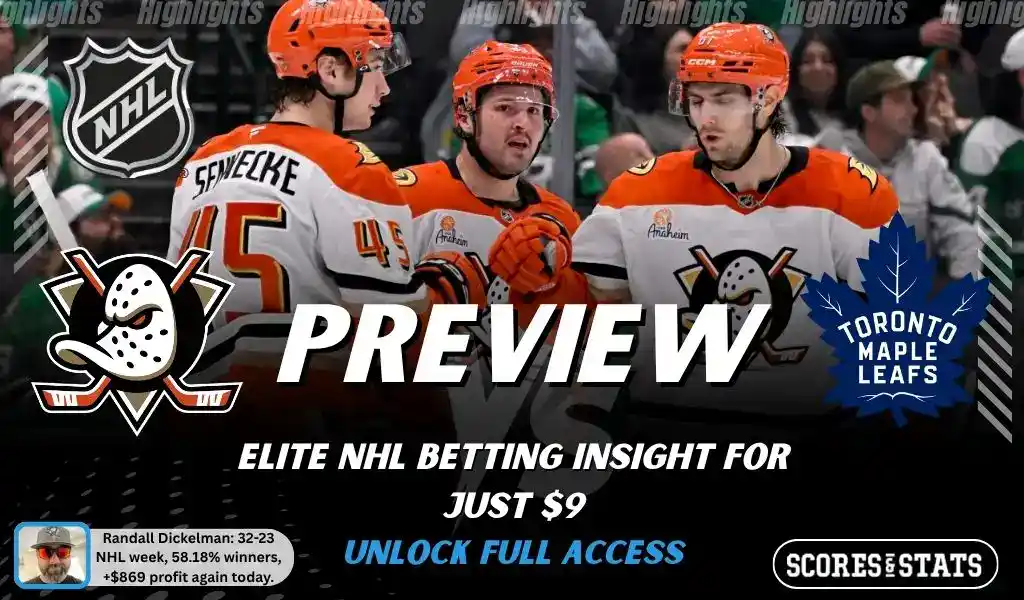 Anaheim Ducks vs Toronto Maple Leafs preview image with both team logos, a relevant hockey background, and the ScoresAndStats logo.