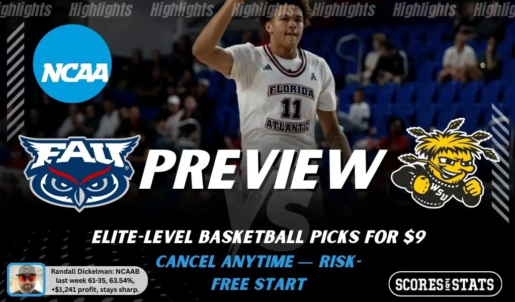 NCAAB preview graphic for Florida Atlantic Owls vs Wichita State Shockers featuring both team logos, a matchup-themed background image, and the ScoresAndStats logo.