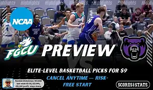 NCAAB preview graphic for Florida Gulf Coast Eagles vs Central Arkansas Bears featuring both team logos, a matchup-themed background image, and the ScoresAndStats logo.