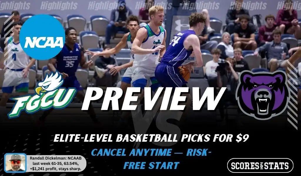 NCAAB preview graphic for Florida Gulf Coast Eagles vs Central Arkansas Bears featuring both team logos, a matchup-themed background image, and the ScoresAndStats logo.