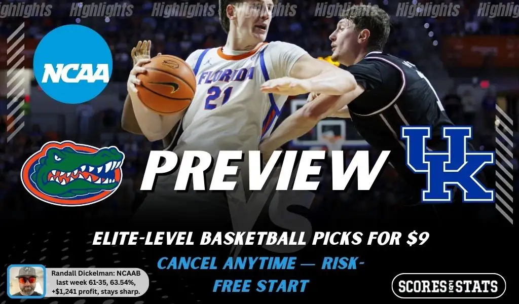NCAAB preview graphic for Florida Gators vs Kentucky Wildcats featuring both team logos, a matchup-themed background image, and the ScoresAndStats logo.