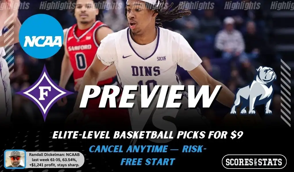 NCAAB preview graphic for Furman Paladins vs Samford Bulldogs featuring both team logos, a matchup-themed background image, and the ScoresAndStats logo.