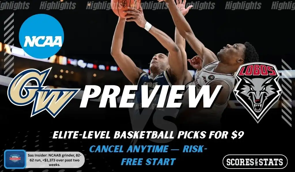 George Washington Revolutionaries vs New Mexico Lobos NCAAB preview image with both team logos, a relevant basketball background, and the ScoresAndStats logo.