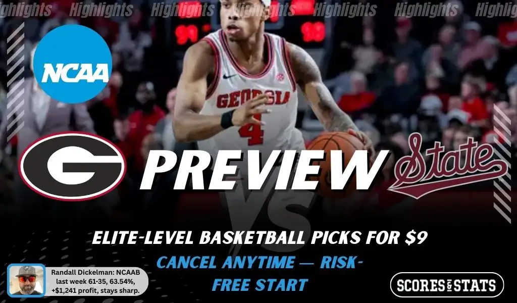 NCAAB preview graphic for Georgia Bulldogs vs Mississippi State Bulldogs featuring both team logos, a matchup-themed background image, and the ScoresAndStats logo.