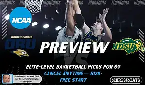 NCAAB preview graphic for Oral Roberts Golden Eagles vs North Dakota State Bison with both team logos, a matchup-themed background image, and the ScoresAndStats logo.