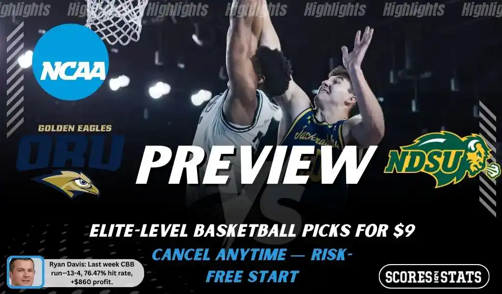 NCAAB preview graphic for Oral Roberts Golden Eagles vs North Dakota State Bison with both team logos, a matchup-themed background image, and the ScoresAndStats logo.