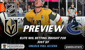 Vegas Golden Knights vs Vancouver Canucks preview image with both team logos, a relevant hockey background, and the ScoresAndStats logo.