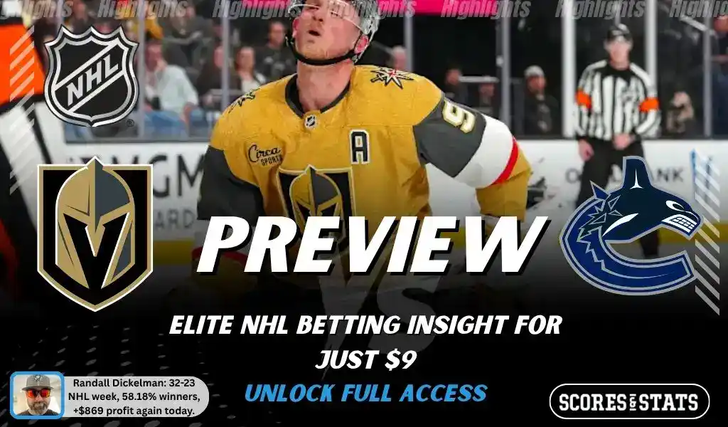 Vegas Golden Knights vs Vancouver Canucks preview image with both team logos, a relevant hockey background, and the ScoresAndStats logo.
