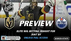 NHL preview graphic for Vegas Golden Knights vs Edmonton Oilers featuring both team logos, a matchup-themed background image, and the ScoresAndStats logo.
