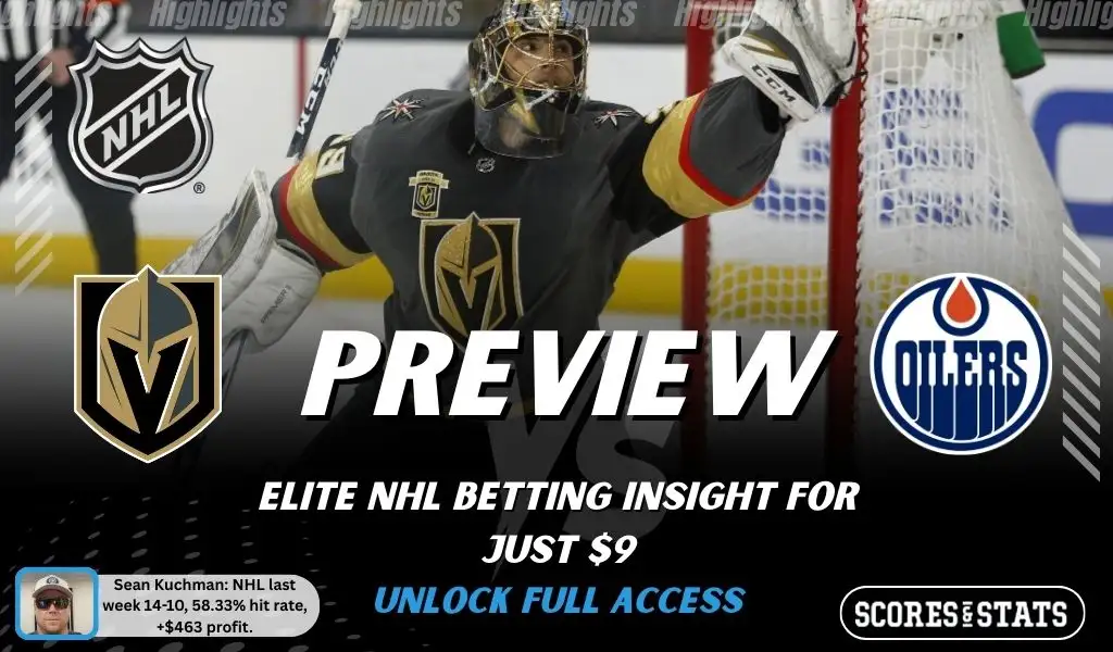 NHL preview graphic for Vegas Golden Knights vs Edmonton Oilers featuring both team logos, a matchup-themed background image, and the ScoresAndStats logo.