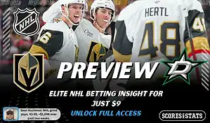 Vegas Golden Knights vs Dallas Stars preview image with both team logos, a relevant hockey background, and the ScoresAndStats logo.