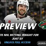 NHL preview graphic for Vegas Golden Knights vs Minnesota Wild with both team logos, a matchup-themed hockey background image, and the ScoresAndStats logo.