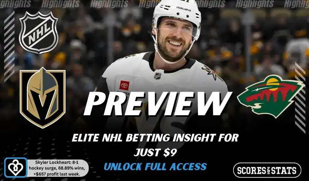 NHL preview graphic for Vegas Golden Knights vs Minnesota Wild with both team logos, a matchup-themed hockey background image, and the ScoresAndStats logo.