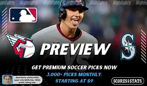 Cleveland Guardians vs Seattle Mariners preview image with both team logos, a relevant baseball background, and the ScoresAndStats logo.