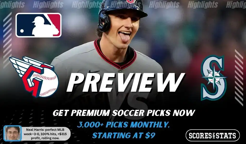 Cleveland Guardians vs Seattle Mariners preview image with both team logos, a relevant baseball background, and the ScoresAndStats logo.